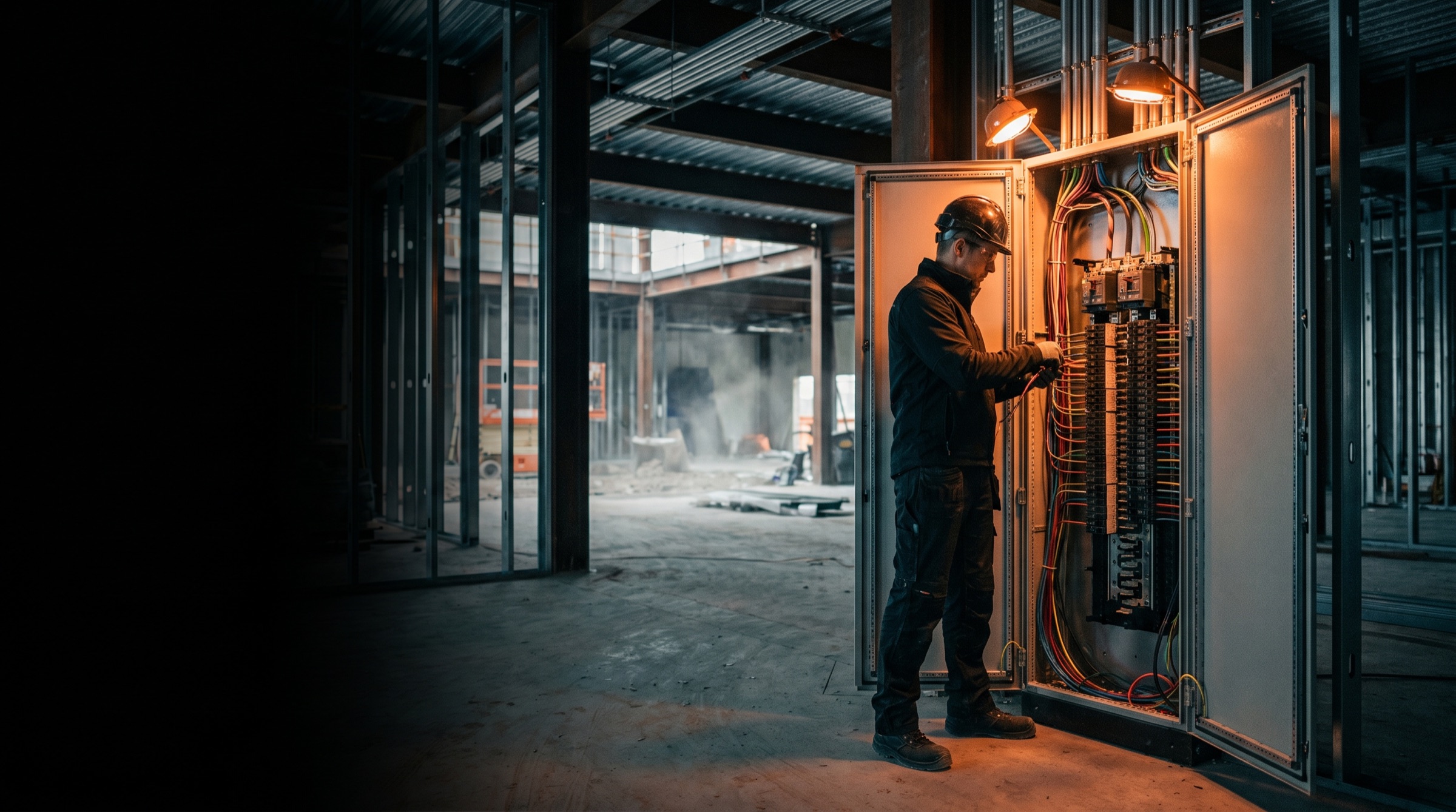 Commercial electrician working on an electrical panel at a Dallas–Fort Worth job site
